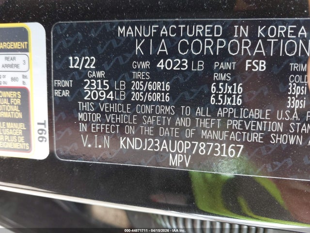 Aukcja sprzedaży 2023 Kia Soul Lx, vin: KNDJ23AU0P7873167, numer aukcji: 44871711