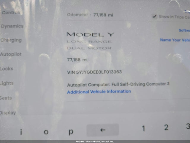Aukcja sprzedaży 2020 Tesla Model Y Long Range Dual Motor All-wheel Drive, vin: 5YJYGDEE0LF013363, numer aukcji: 44871714