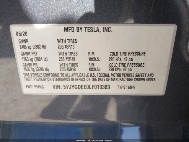 Aukcja sprzedaży 2020 Tesla Model Y Long Range Dual Motor All-wheel Drive, vin: 5YJYGDEE0LF013363, numer aukcji: 44871714