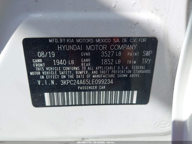 Продажа на аукционе авто 2020 Hyundai Accent Se, vin: 3KPC24A65LE099234, номер лота: 44871715