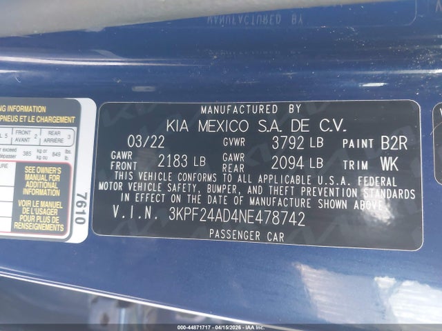 44871717 :رقم المزاد ، 3KPF24AD4NE478742 vin ، 2022 Kia Forte Lxs مزاد بيع