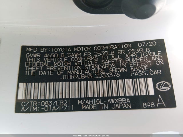 Aukcja sprzedaży 2020 Lexus Ux 250h F Sport, vin: JTHR9JBH3L2033376, numer aukcji: 44871719