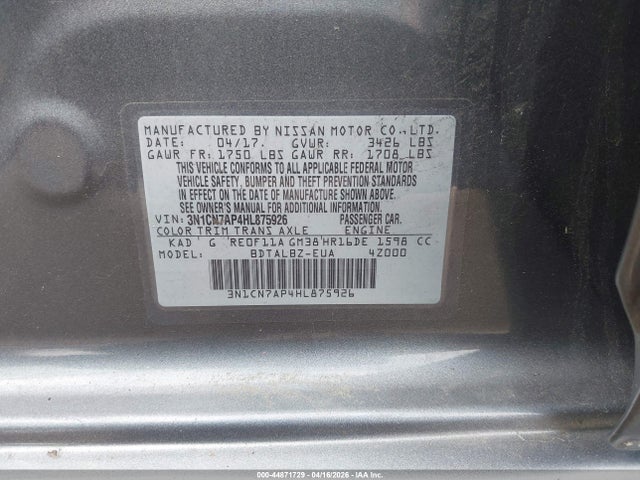 Aukcja sprzedaży 2017 Nissan Versa 1.6 Sv, vin: 3N1CN7AP4HL875926, numer aukcji: 44871729