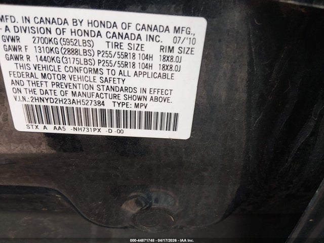 Продаж на аукціоні авто 2010 Acura Mdx 3.7l (a6), vin: 2HNYD2H23AH527384, номер лоту: 44871748