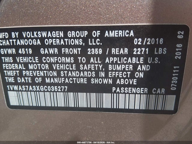 Aukcja sprzedaży 2016 Volkswagen Passat 1.8t S, vin: 1VWAS7A3XGC035277, numer aukcji: 44871756