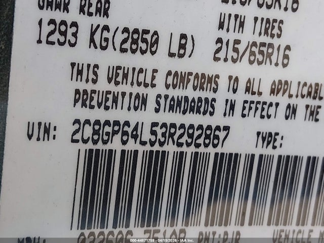 44871759 :رقم المزاد ، 2C8GP64L53R292867 vin ، 2003 Chrysler Town & Country Limited مزاد بيع