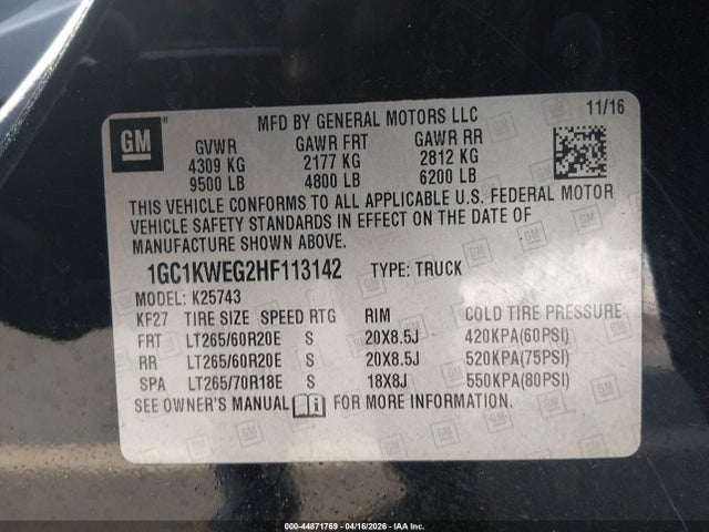 Продаж на аукціоні авто 2017 Chevrolet Silverado 2500hd Ltz, vin: 1GC1KWEG2HF113142, номер лоту: 44871769
