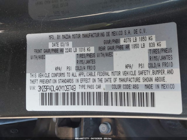 2019 Mazda Mazda3 Preferred Package მანქანა იყიდება აუქციონზე, vin: 3MZBPADL4KM109749, აუქციონის ნომერი: 44871771