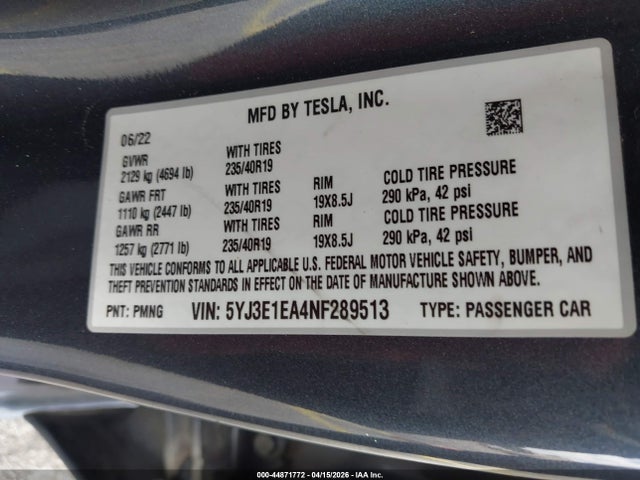 Продаж на аукціоні авто 2022 Tesla Model 3 Rear-wheel Drive, vin: 5YJ3E1EA4NF289513, номер лоту: 44871772