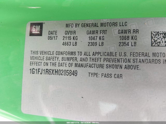 Auction sale of the 2017 Chevrolet Camaro Zl1, vin: 1G1FJ1R6XH0205849, lot number: 44871774