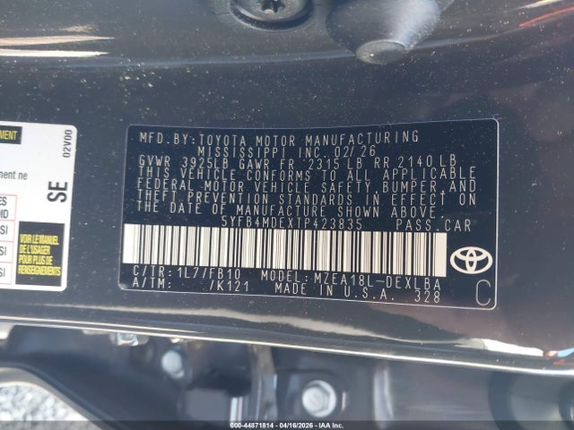 44871814 :رقم المزاد ، 5YFB4MDEXTP423835 vin ، 2026 Toyota Corolla Le مزاد بيع