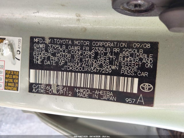 44871828 :رقم المزاد ، JTDKB20UX93477239 vin ، 2009 Toyota Prius مزاد بيع