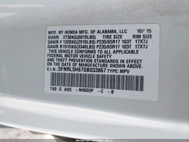 5FNRL5H67GB033867 Honda Odyssey Ex-l
