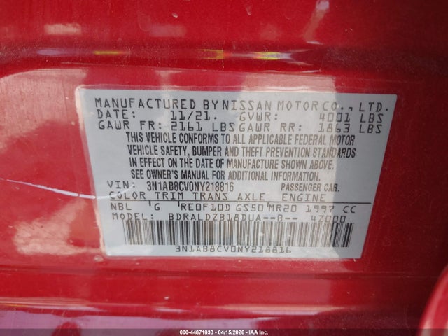 2022 Nissan Sentra Sv Xtronic Cvt მანქანა იყიდება აუქციონზე, vin: 3N1AB8CV0NY218816, აუქციონის ნომერი: 44871833