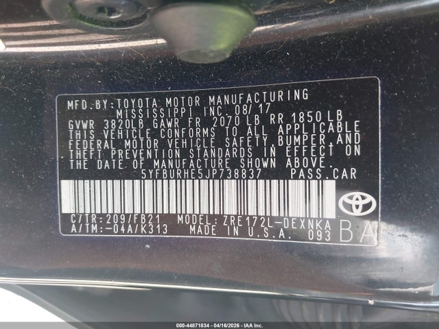 Aukcja sprzedaży 2018 Toyota Corolla Le, vin: 5YFBURHE5JP738837, numer aukcji: 44871834
