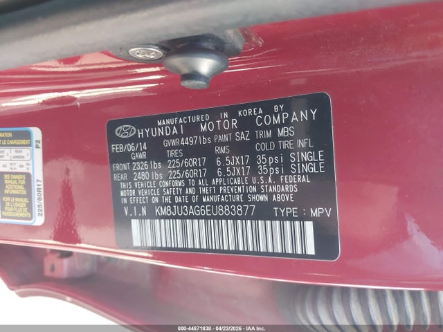 44871838 :رقم المزاد ، KM8JU3AG6EU883877 vin ، 2014 Hyundai Tucson Se مزاد بيع