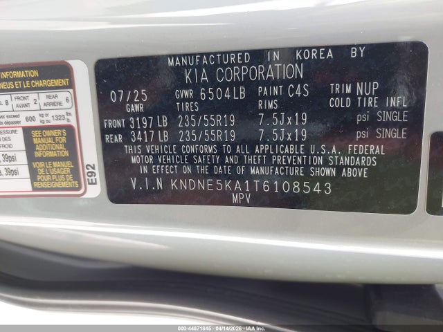 Aukcja sprzedaży 2026 Kia Carnival Mpv Hybrid Sx, vin: KNDNE5KA1T6108543, numer aukcji: 44871845