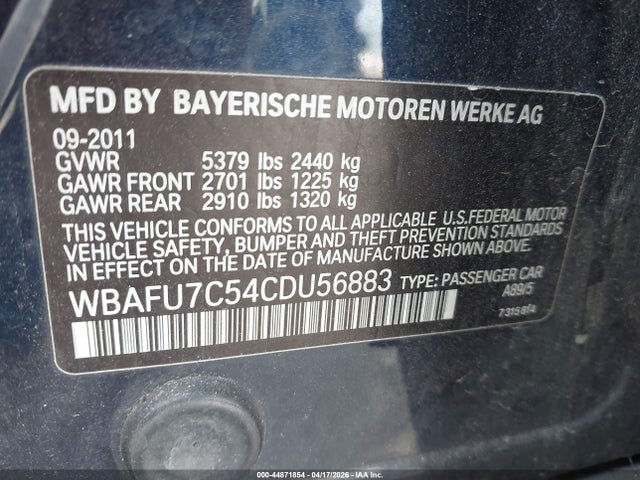 Aukcja sprzedaży 2012 Bmw 535i Xdrive, vin: WBAFU7C54CDU56883, numer aukcji: 44871854