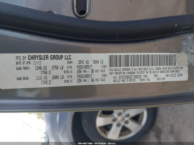 Продаж на аукціоні авто 2012 Dodge Journey Sxt, vin: 3C4PDDBG6CT206225, номер лоту: 44871866