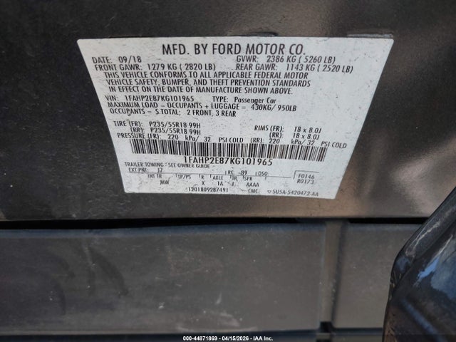 Aukcja sprzedaży 2019 Ford Taurus Sel, vin: 1FAHP2E87KG101965, numer aukcji: 44871869