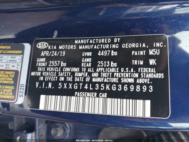 Продажа на аукционе авто 2019 Kia Optima Lx, vin: 5XXGT4L35KG369893, номер лота: 44871881