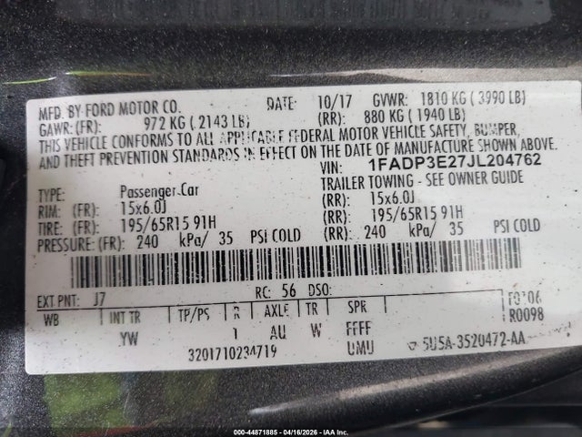 2018 Ford Focus S მანქანა იყიდება აუქციონზე, vin: 1FADP3E27JL204762, აუქციონის ნომერი: 44871885