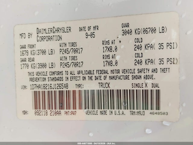 Aukcja sprzedaży 2006 Dodge Ram 1500 Slt, vin: 1D7HA18216J126548, numer aukcji: 44871886