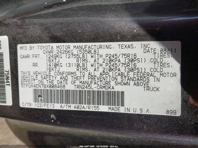 Aukcja sprzedaży 2011 Toyota Tacoma, vin: 5TFUX4EN7BX008468, numer aukcji: 44871889