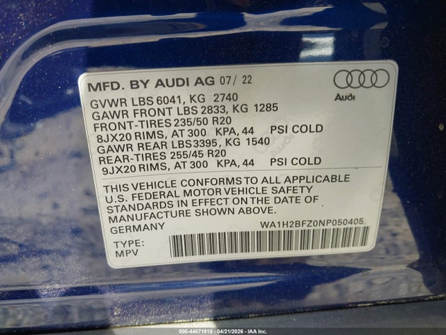 44871910 :رقم المزاد ، WA1H2BFZ0NP050405 vin ، 2022 Audi Q4 E-tron Premium Plus 50 Quattro مزاد بيع