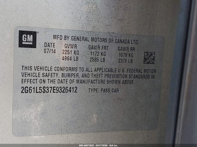 2014 Cadillac Xts Standard მანქანა იყიდება აუქციონზე, vin: 2G61L5S37E9326412, აუქციონის ნომერი: 44871922