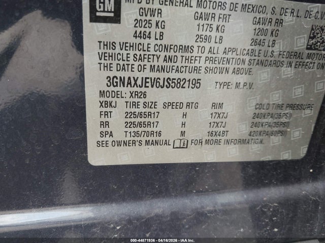 Продажа на аукционе авто 2018 Chevrolet Equinox Lt, vin: 3GNAXJEV6JS582195, номер лота: 44871936