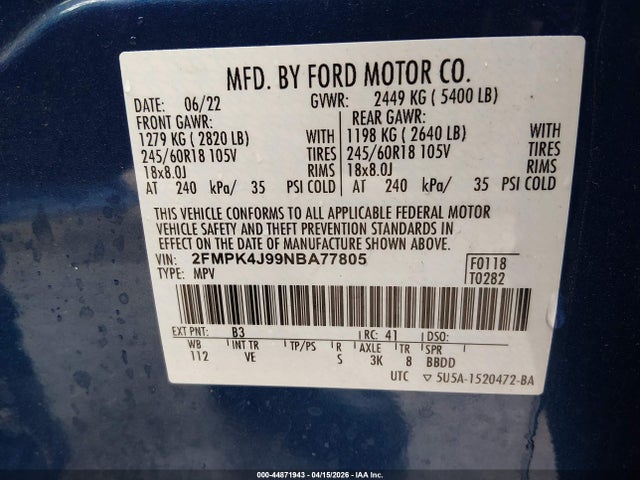 Продаж на аукціоні авто 2022 Ford Edge Sel, vin: 2FMPK4J99NBA77805, номер лоту: 44871943
