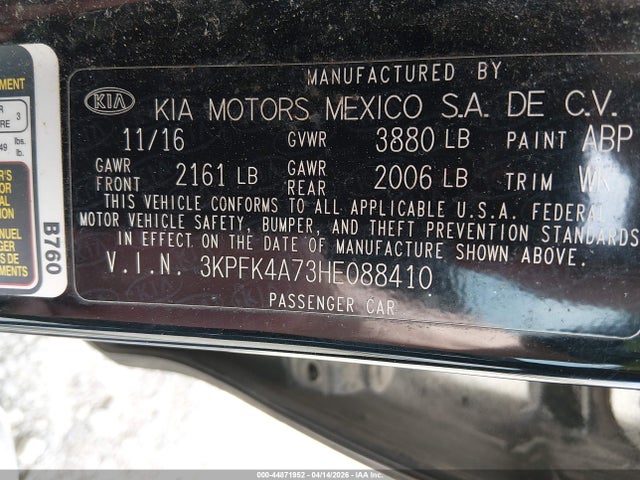 44871952 :رقم المزاد ، 3KPFK4A73HE088410 vin ، 2017 Kia Forte Lx مزاد بيع