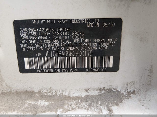 2011 Subaru Impreza 2.5i მანქანა იყიდება აუქციონზე, vin: JF1GH6A65BG800175, აუქციონის ნომერი: 44871983