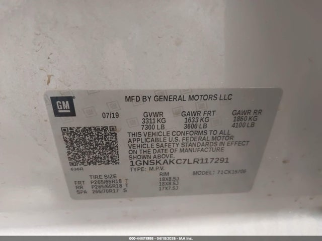 1GNSKAKC7LR117291 Chevrolet Tahoe 4wd Ls