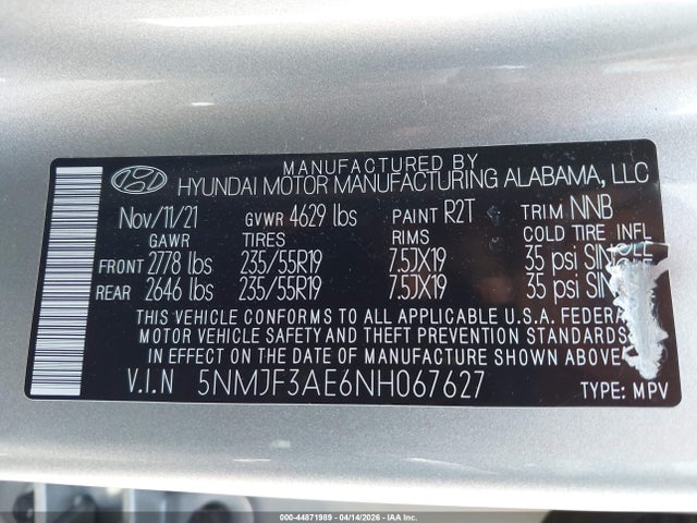 5NMJF3AE6NH067627 Hyundai TUCSON SEL