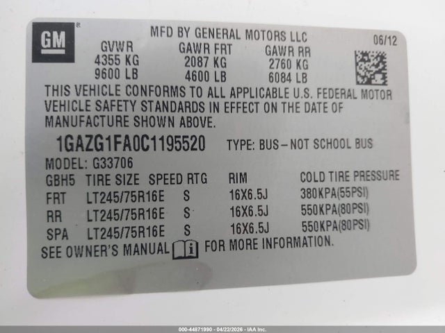 44871990 :رقم المزاد ، 1GAZG1FA0C1195520 vin ، 2012 Chevrolet Express 3500 Lt مزاد بيع