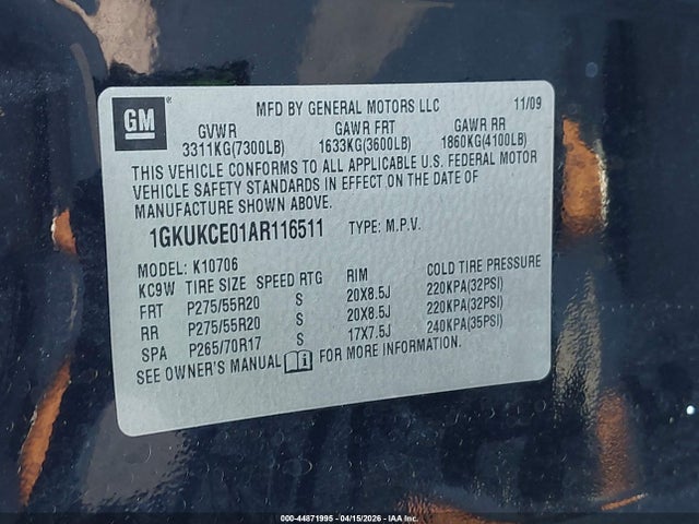 Aukcja sprzedaży 2010 Gmc Yukon Slt, vin: 1GKUKCE01AR116511, numer aukcji: 44871995