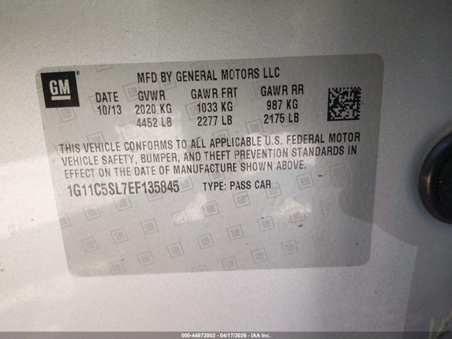 Продажа на аукционе авто 2014 Chevrolet Malibu 1lt, vin: 1G11C5SL7EF135845, номер лота: 44872002