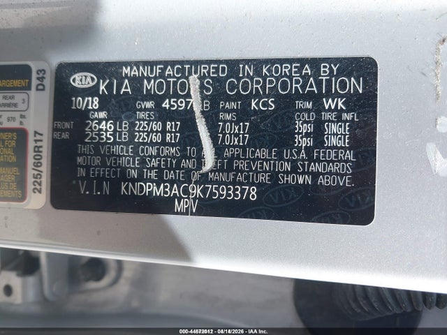 Продажа на аукционе авто 2019 Kia Sportage Lx, vin: KNDPM3AC9K7593378, номер лота: 44872012