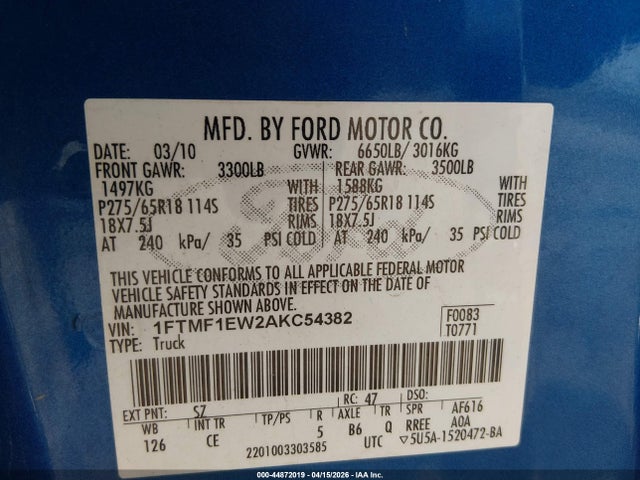 Продажа на аукционе авто 2010 Ford F-150 Stx/xl/xlt, vin: 1FTMF1EW2AKC54382, номер лота: 44872019
