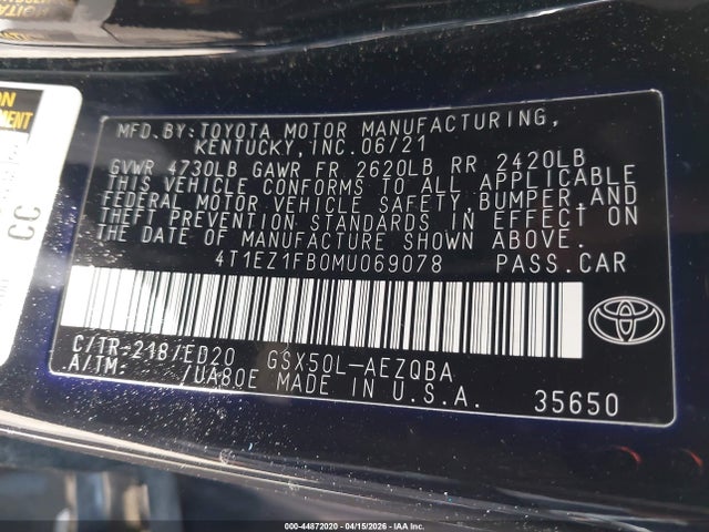 44872020 :رقم المزاد ، 4T1EZ1FB0MU069078 vin ، 2021 Toyota Avalon Xse Nightshade مزاد بيع