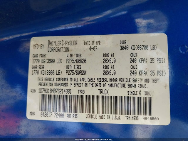 2007 DODGE RAM 1500 1D7HU18N87S214381 Photo 8