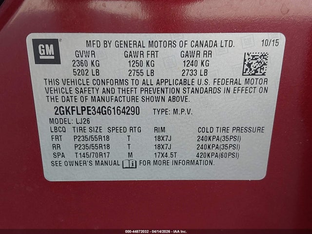 Aukcja sprzedaży 2016 Gmc Terrain Slt, vin: 2GKFLPE34G6164290, numer aukcji: 44872032