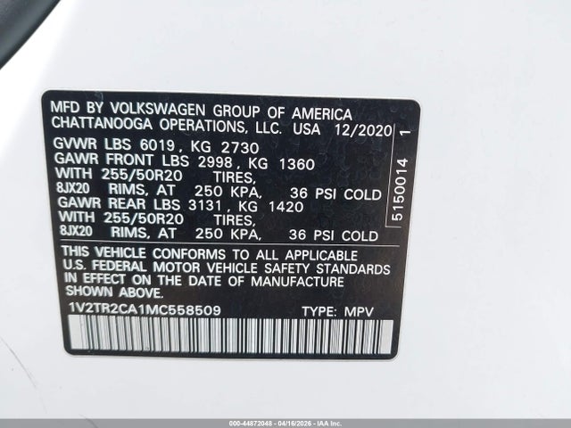 Aukcja sprzedaży 2021 Volkswagen Atlas 3.6l V6 Sel Premium, vin: 1V2TR2CA1MC558509, numer aukcji: 44872048