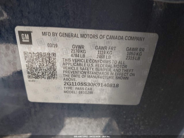 Aukcja sprzedaży 2019 Chevrolet Impala Premier, vin: 2G1105S30K9140818, numer aukcji: 44872052