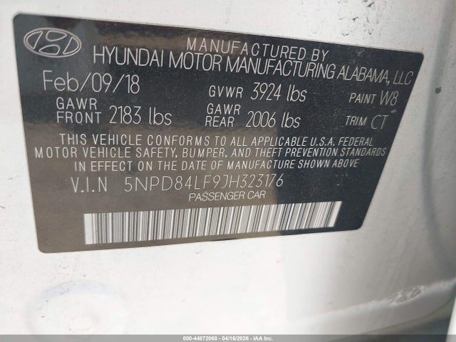 Aukcja sprzedaży 2018 Hyundai Elantra Value Edition, vin: 5NPD84LF9JH323176, numer aukcji: 44872068