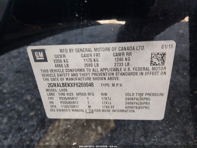 44872074 :رقم المزاد ، 2GNALBEKXF6269048 vin ، 2015 Chevrolet Equinox 1lt مزاد بيع