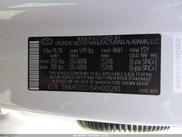 2024 Hyundai Santa Fe Hybrid Sel მანქანა იყიდება აუქციონზე, vin: 5NMP2DG15RH007280, აუქციონის ნომერი: 44872077