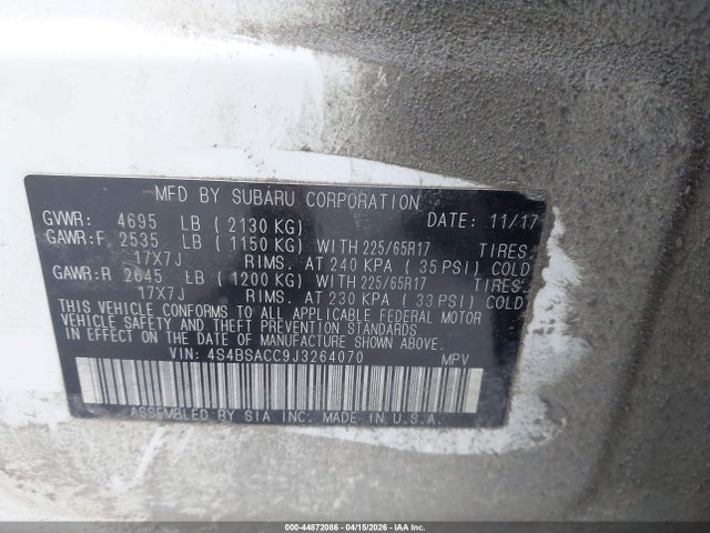 44872086 :رقم المزاد ، 4S4BSACC9J3264070 vin ، 2018 Subaru Outback 2.5i Premium مزاد بيع